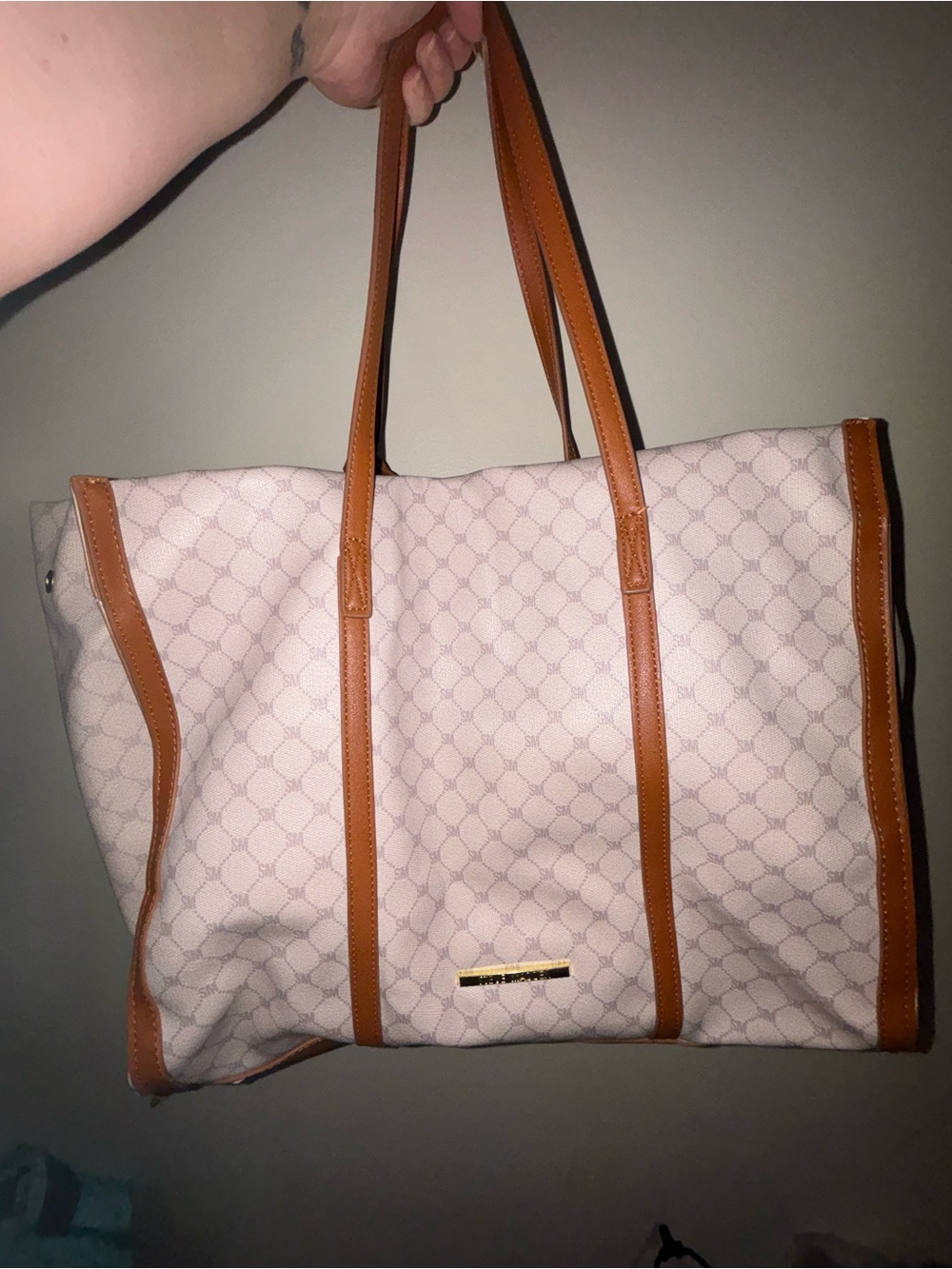 Steve Madden Cream Patterned Tote with Tan Trim